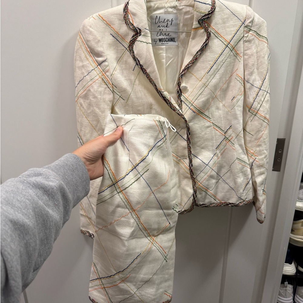 Moschino Women's Cream Blazer and Skirt with Colorful Stripes